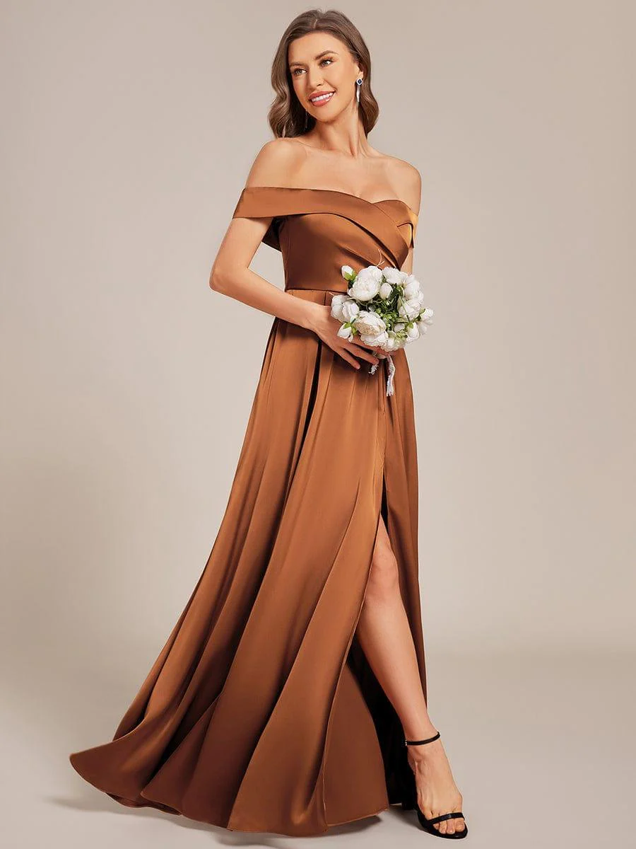 ever SKYE|Off Shoulder Ruched Lace-up Back Satin Bridesmaid Dress - Image 10