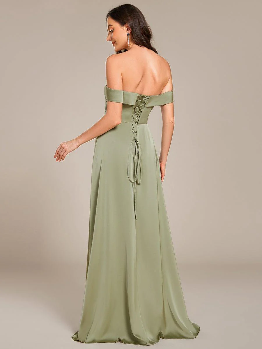 ever SKYE|Off Shoulder Ruched Lace-up Back Satin Bridesmaid Dress - Image 11