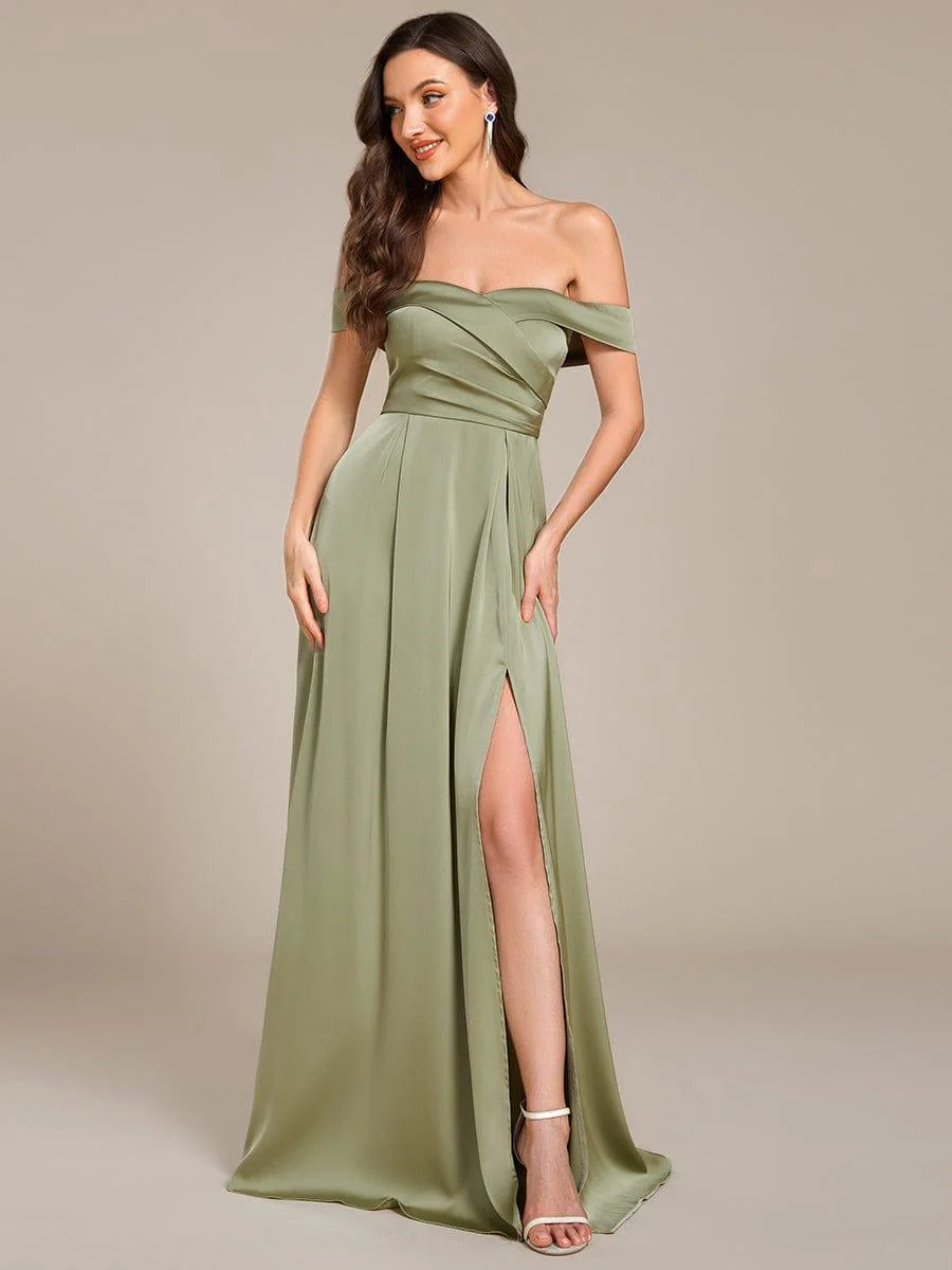 ever SKYE|Off Shoulder Ruched Lace-up Back Satin Bridesmaid Dress - Image 13