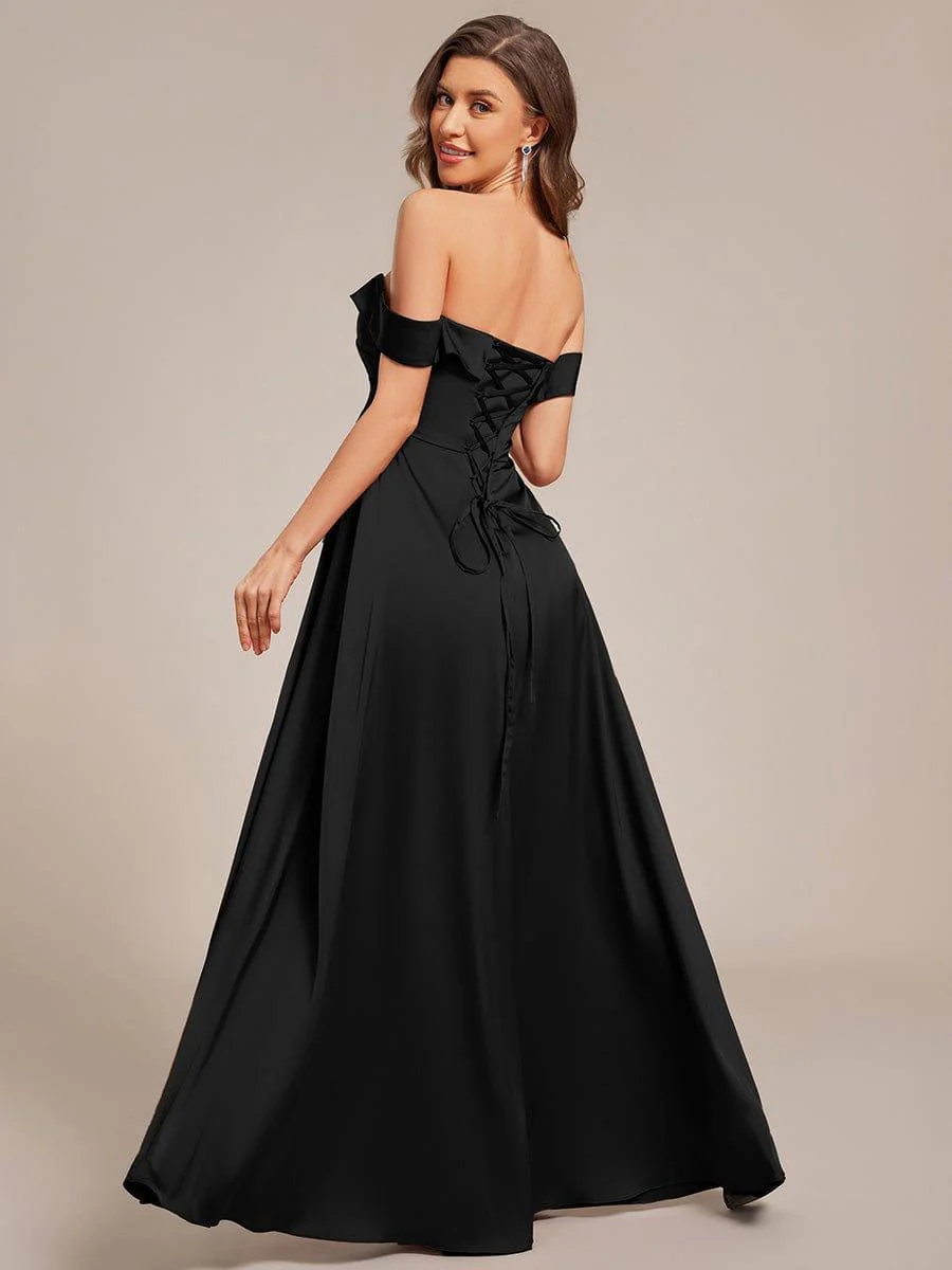 ever SKYE|Off Shoulder Ruched Lace-up Back Satin Bridesmaid Dress - Image 15