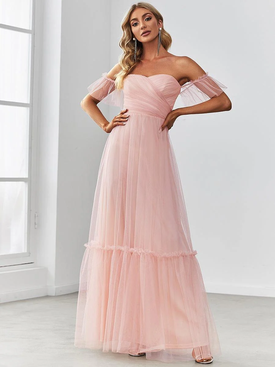 ever LUCIE|Off the Shoulder Sweetheart Pleated Tulle Dress In Pink - Image 4