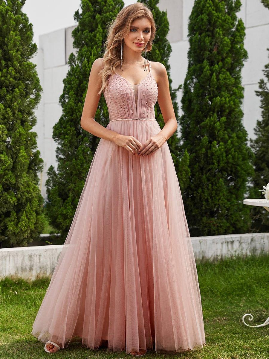 Pearl Embellishments V-Neck A-Line Dresses with Spaghetti Strap In Pink - Image 4