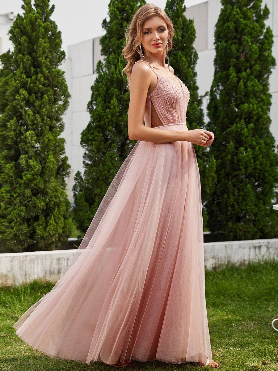 Pearl Embellishments V-Neck A-Line Dresses with Spaghetti Strap In Pink - Image 5