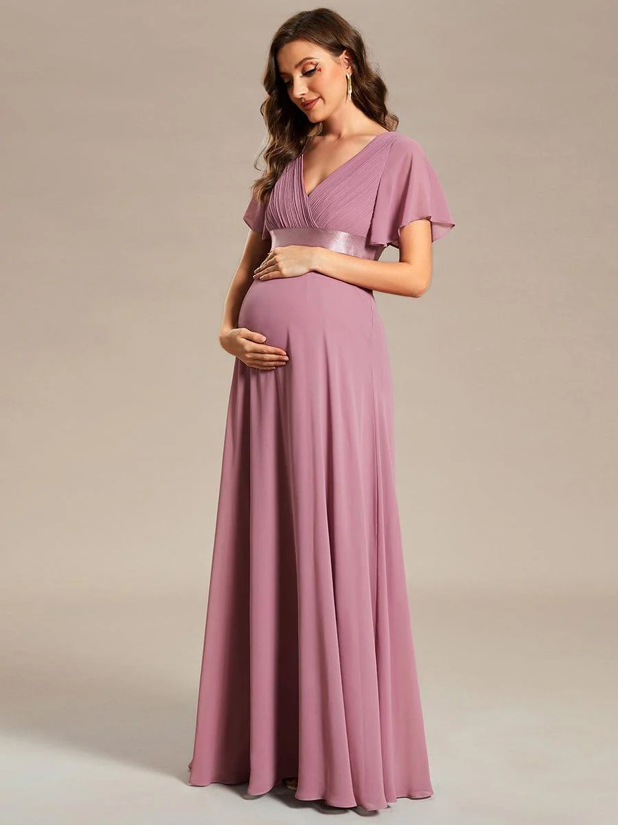 Pleated Bodice Ruffle Sleeves V Neck Floor Length Maternity Dress - Image 2