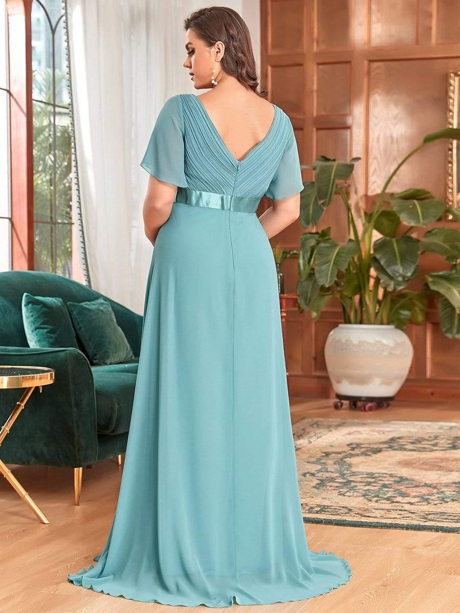 Pleated Bodice V Neck Floor Length Maternity Wedding Guest Dress with Sleeves - Image 12
