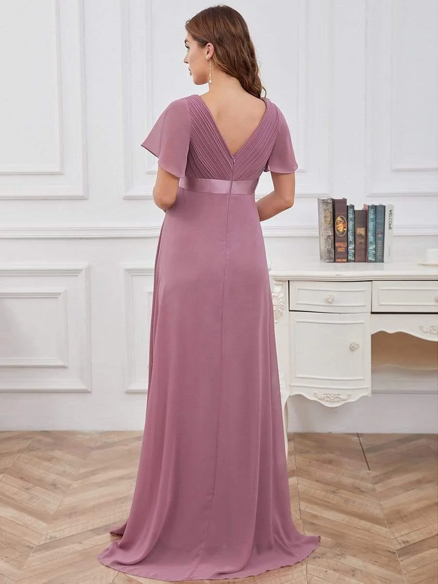 Pleated Bodice V Neck Floor Length Maternity Wedding Guest Dress with Sleeves - Image 2