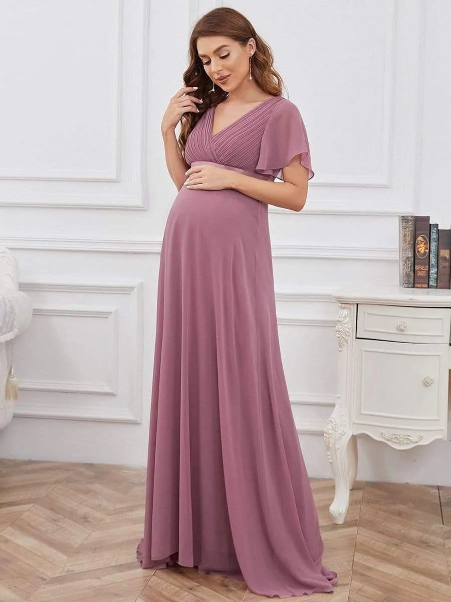 Pleated Bodice V Neck Floor Length Maternity Wedding Guest Dress with Sleeves - Image 3