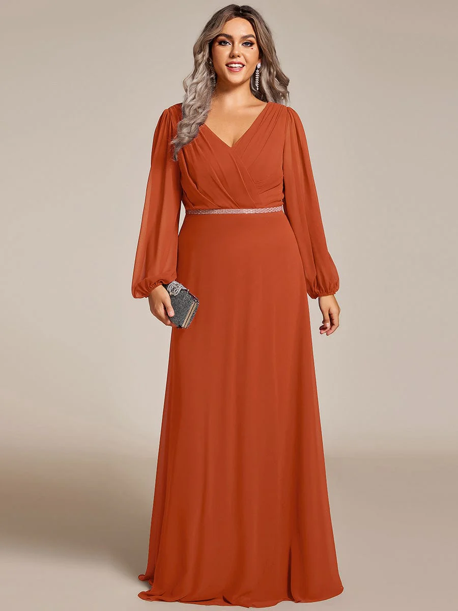 ever ESMÉE|Pleated Double V-Neck Long Sleeves Shiny Belt Chiffon Mother of the Bride Dress - Image 74