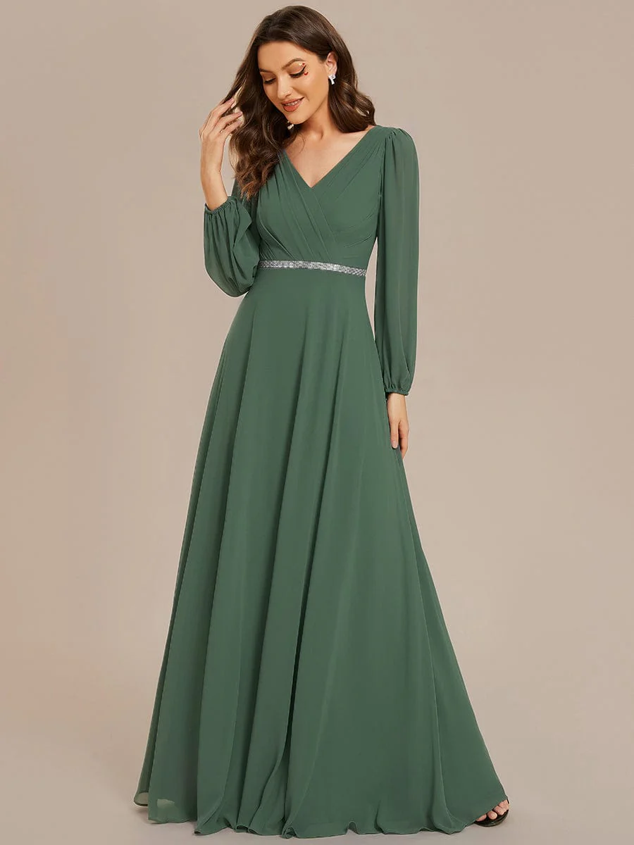 ever ESMÉE|Pleated Double V-Neck Long Sleeves Shiny Belt Chiffon Mother of the Bride Dress - Image 85