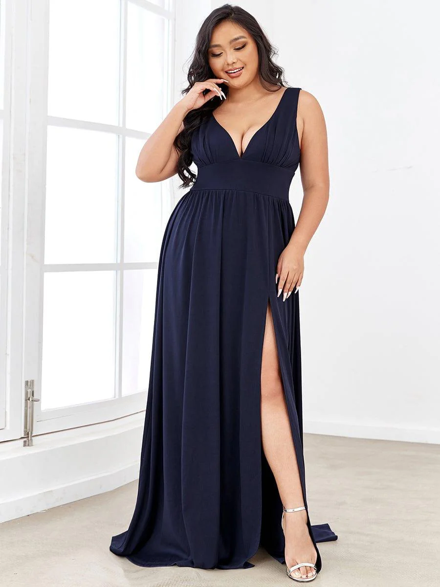 pretty SORAYA|Plus Size Sexy High Slit Sleeveless Empire Waist V-Neck Evening Dress - Image 12