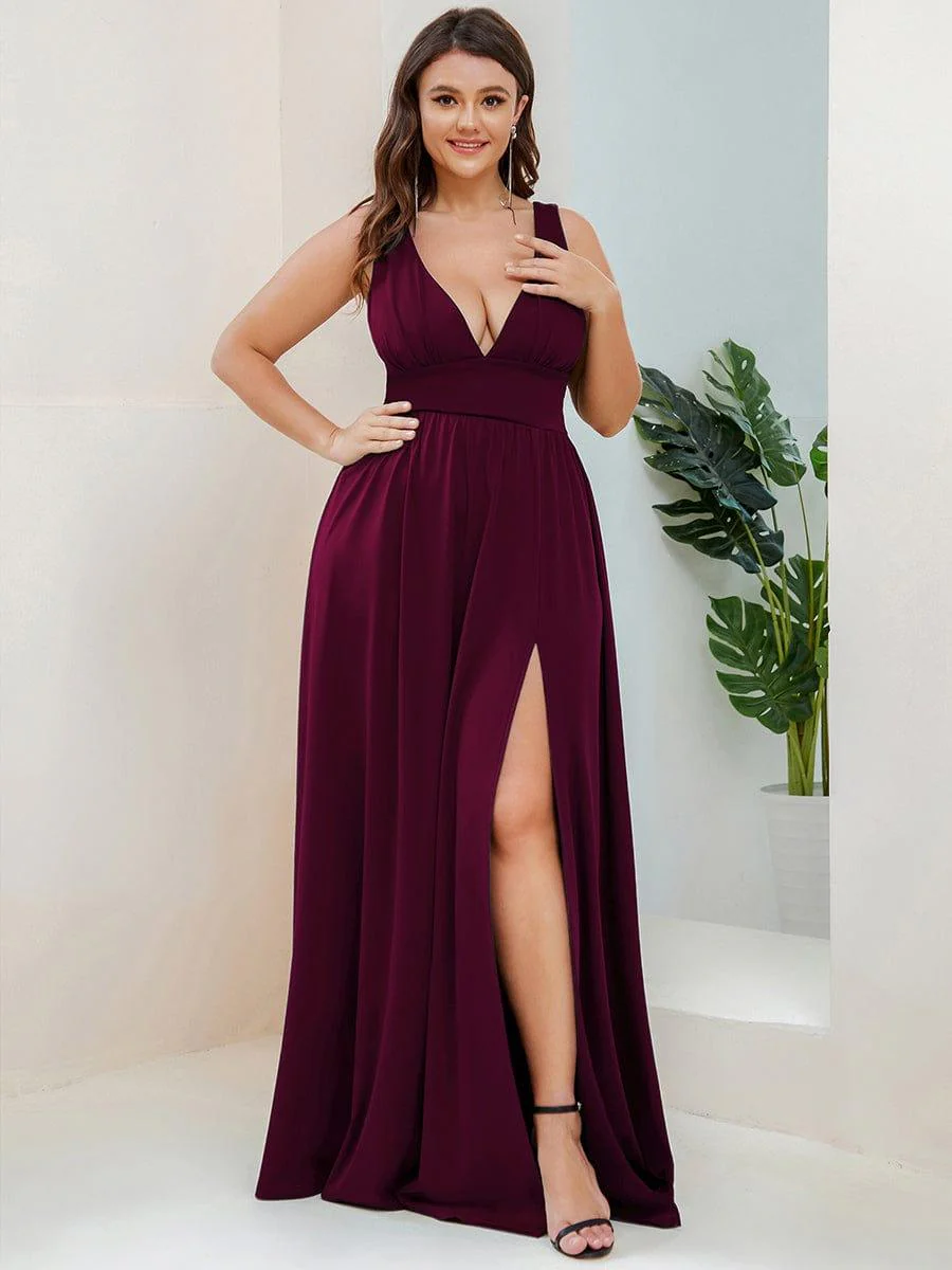pretty SORAYA|Plus Size Sexy High Slit Sleeveless Empire Waist V-Neck Evening Dress - Image 34