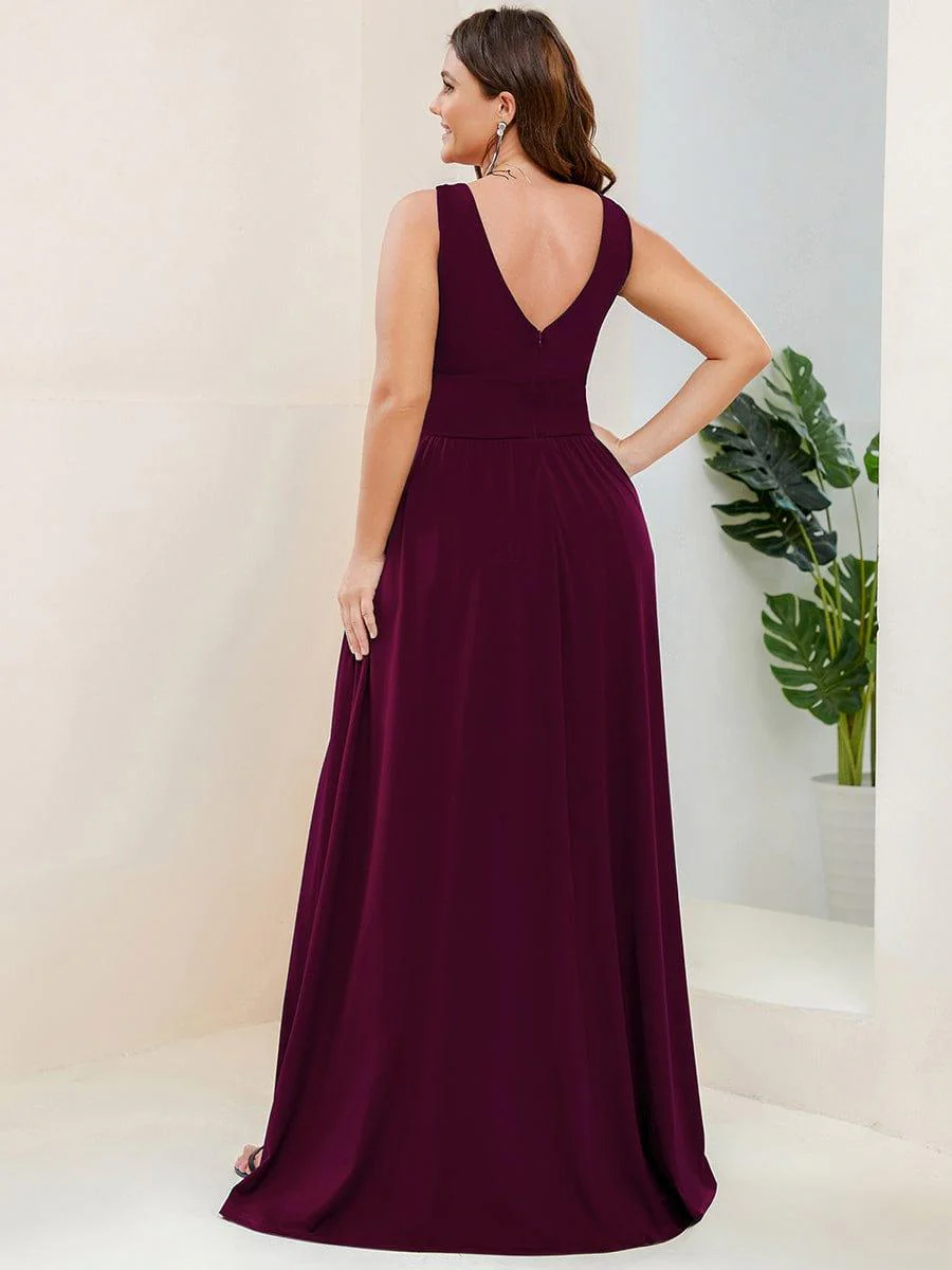pretty SORAYA|Plus Size Sexy High Slit Sleeveless Empire Waist V-Neck Evening Dress - Image 35