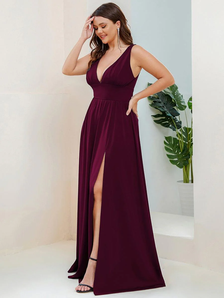 pretty SORAYA|Plus Size Sexy High Slit Sleeveless Empire Waist V-Neck Evening Dress - Image 36
