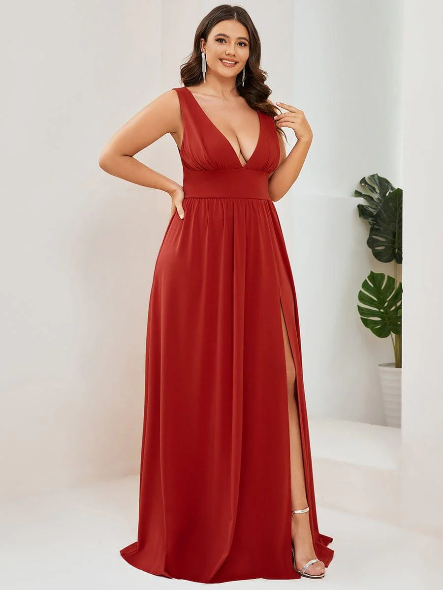 pretty SORAYA|Plus Size Sexy High Slit Sleeveless Empire Waist V-Neck Evening Dress - Image 46