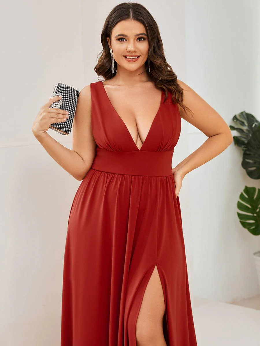 pretty SORAYA|Plus Size Sexy High Slit Sleeveless Empire Waist V-Neck Evening Dress - Image 47