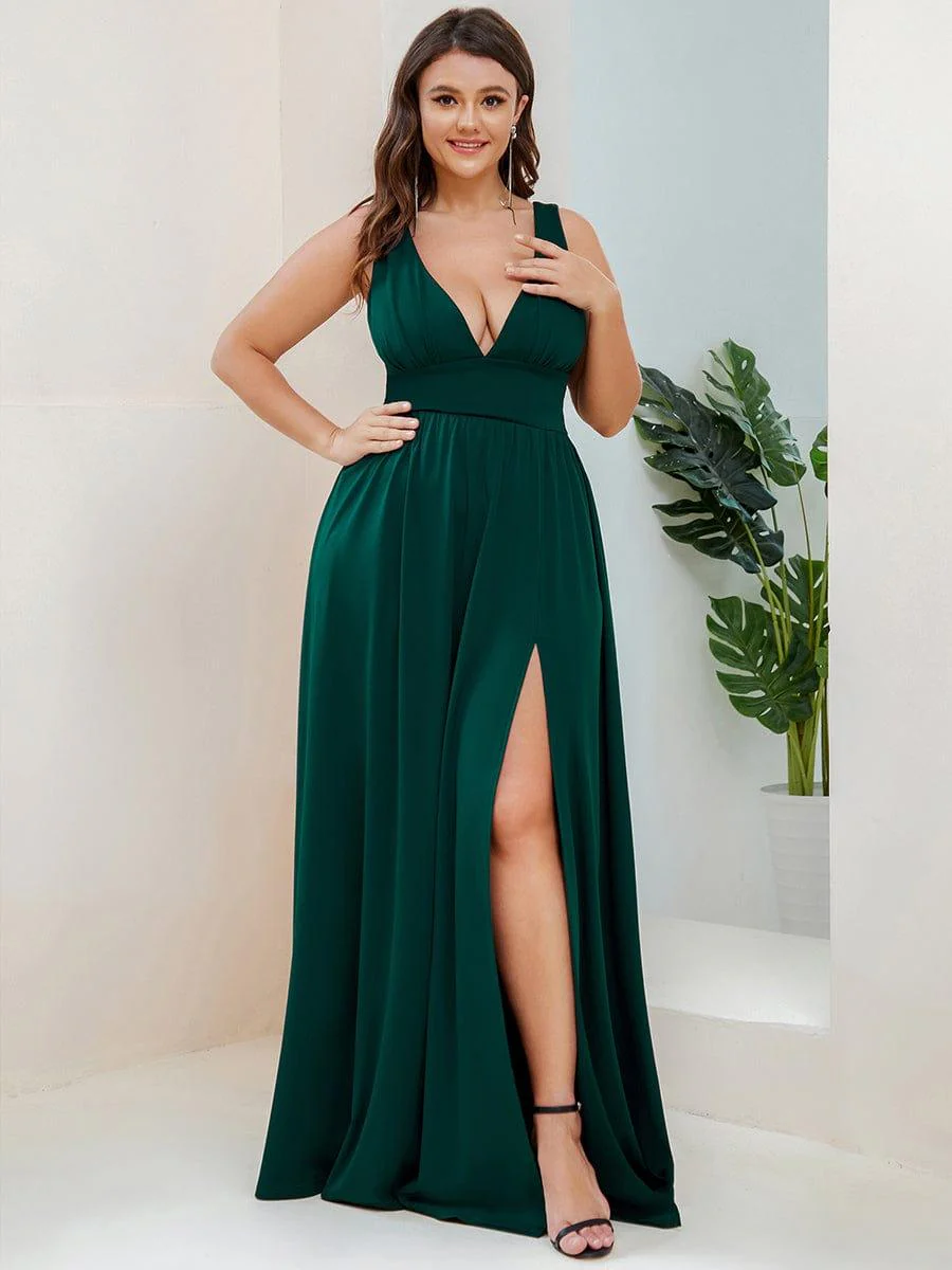 pretty SORAYA|Plus Size Sexy High Slit Sleeveless Empire Waist V-Neck Evening Dress - Image 5