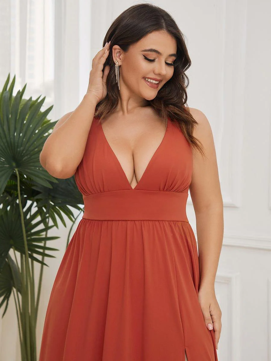 pretty SORAYA|Plus Size Sexy High Slit Sleeveless Empire Waist V-Neck Evening Dress - Image 53