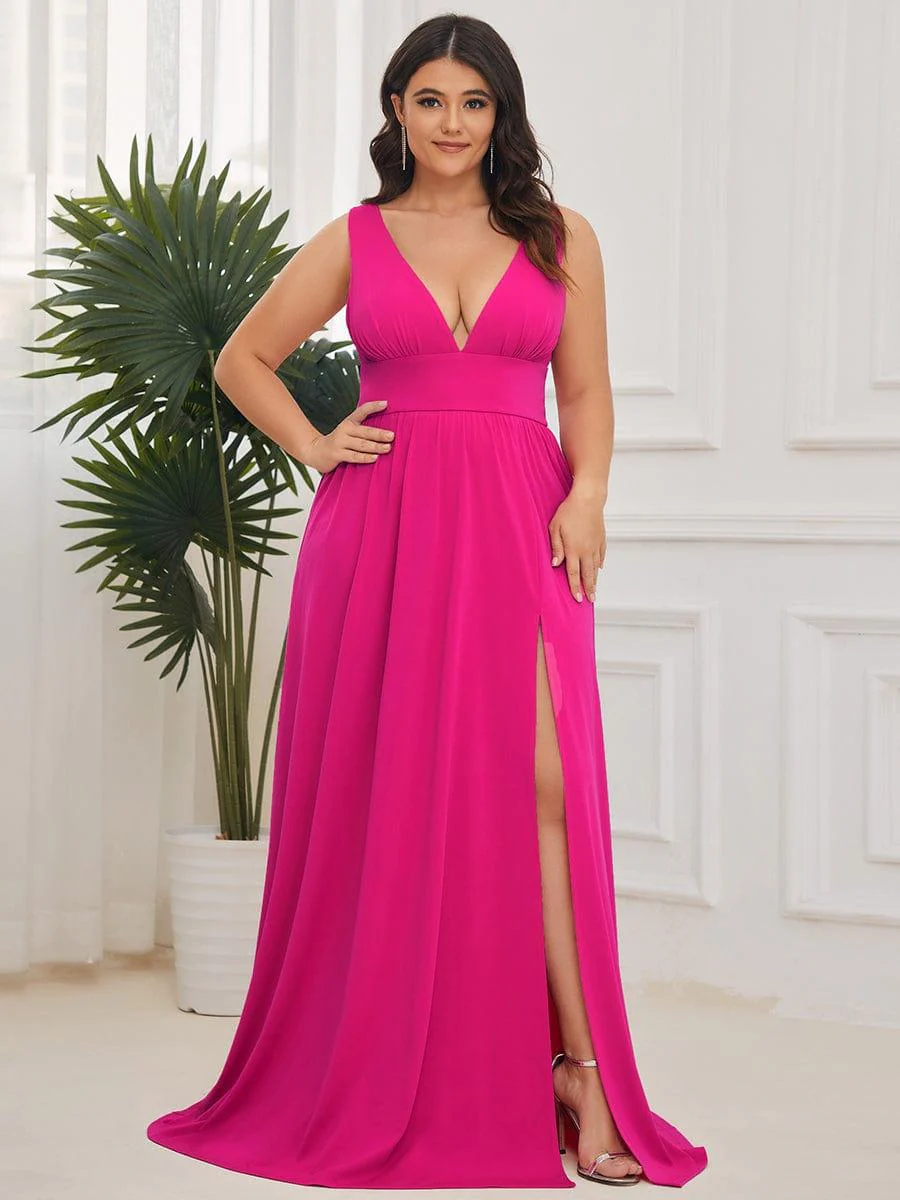 pretty SORAYA|Plus Size Sexy High Slit Sleeveless Empire Waist V-Neck Evening Dress - Image 54