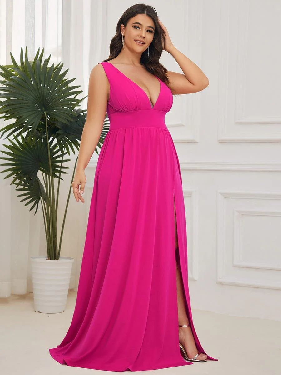 pretty SORAYA|Plus Size Sexy High Slit Sleeveless Empire Waist V-Neck Evening Dress - Image 56