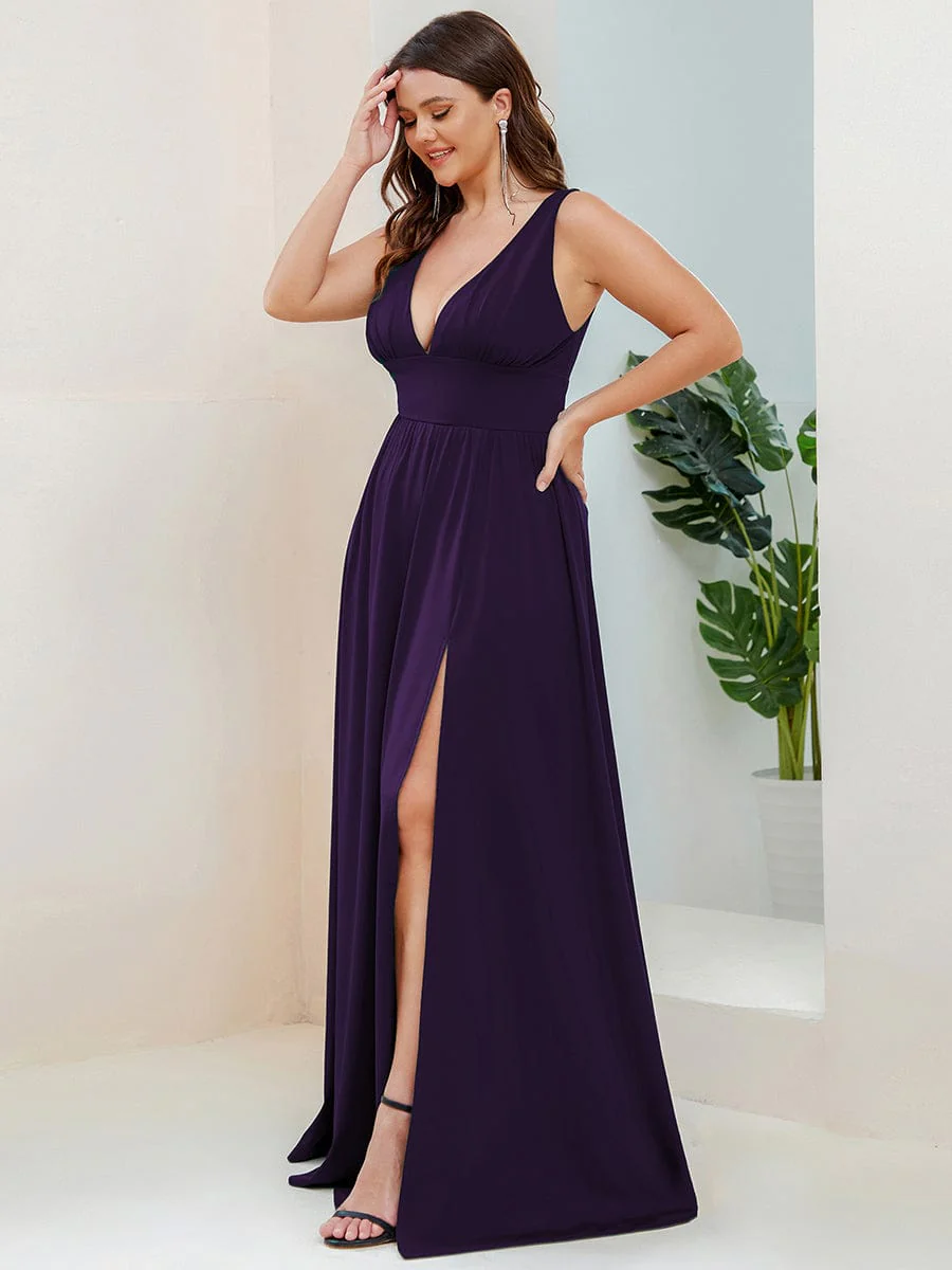 pretty SORAYA|Plus Size Sexy High Slit Sleeveless Empire Waist V-Neck Evening Dress - Image 83