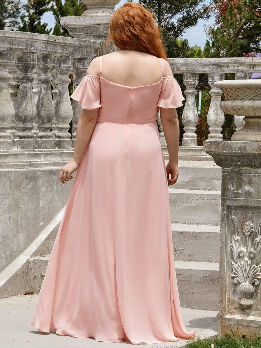 pretty REYA|Plus-Size Cold-Shoulder V-neck Bridesmaid Dress with Side Slit - Image 30