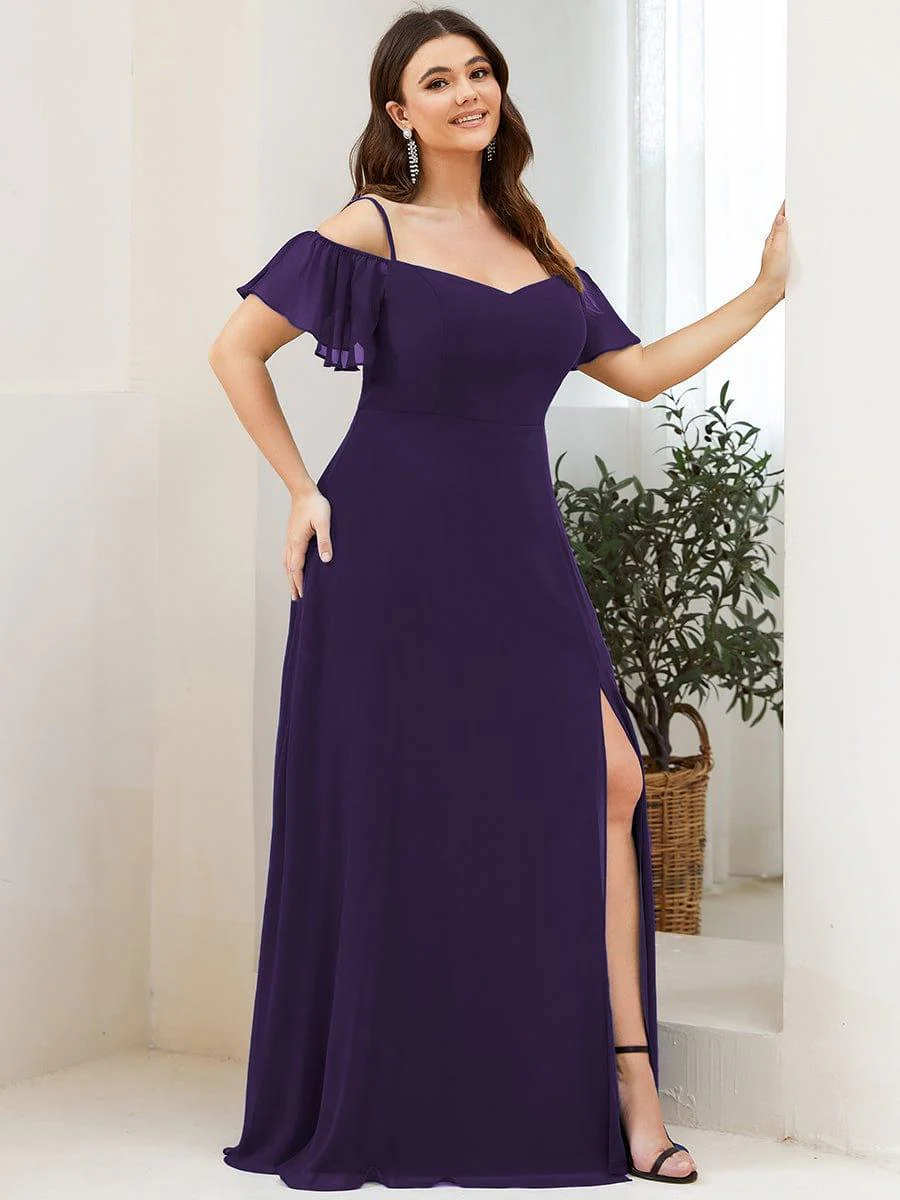 pretty REYA|Plus-Size Cold-Shoulder V-neck Bridesmaid Dress with Side Slit - Image 37