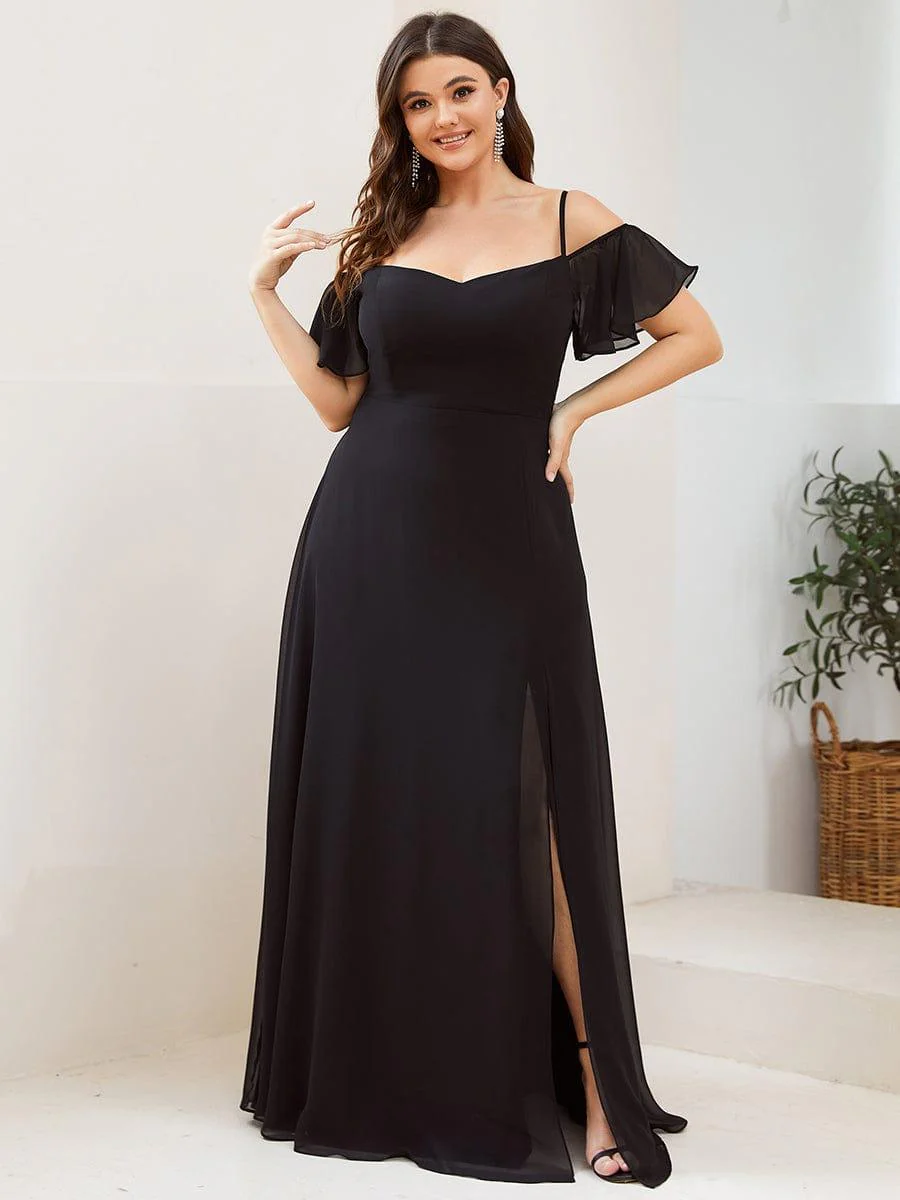 pretty REYA|Plus-Size Cold-Shoulder V-neck Bridesmaid Dress with Side Slit - Image 46
