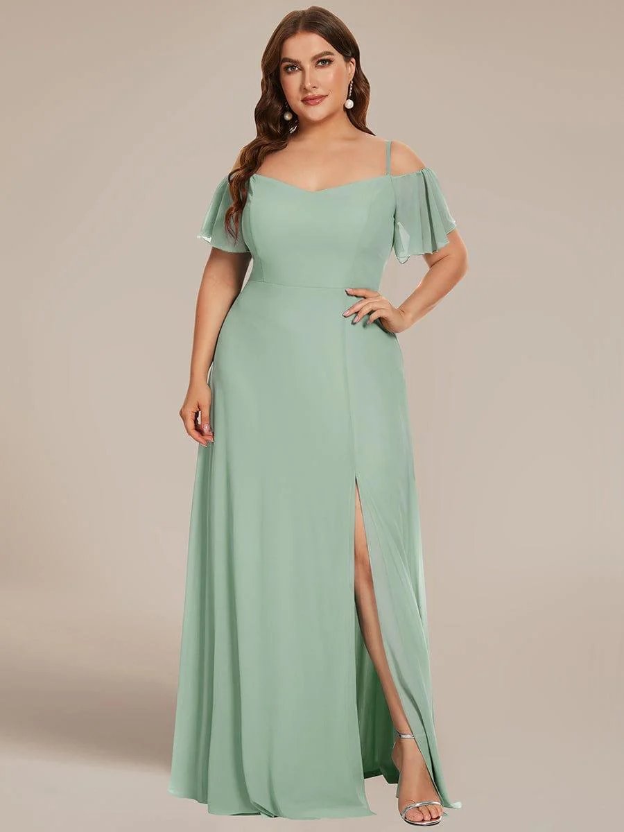 pretty REYA|Plus-Size Cold-Shoulder V-neck Bridesmaid Dress with Side Slit - Image 66