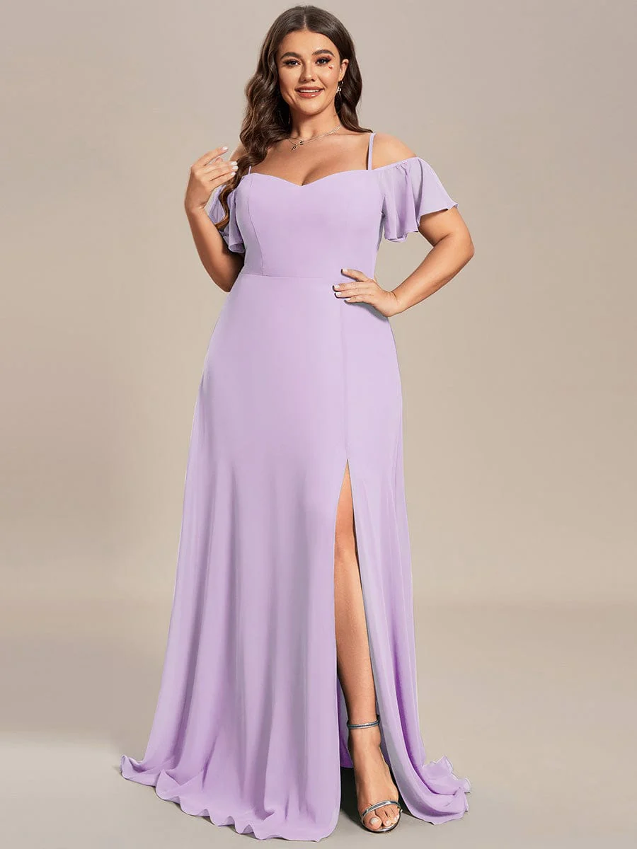 pretty REYA|Plus-Size Cold-Shoulder V-neck Bridesmaid Dress with Side Slit - Image 92