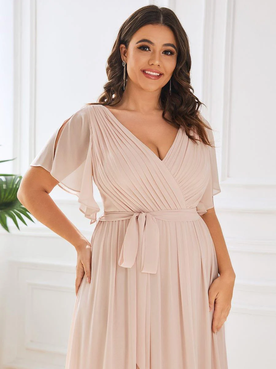 pretty LEORA|Plus Size V-Neck Floor-Length Chiffon Evening Dress - Image 46