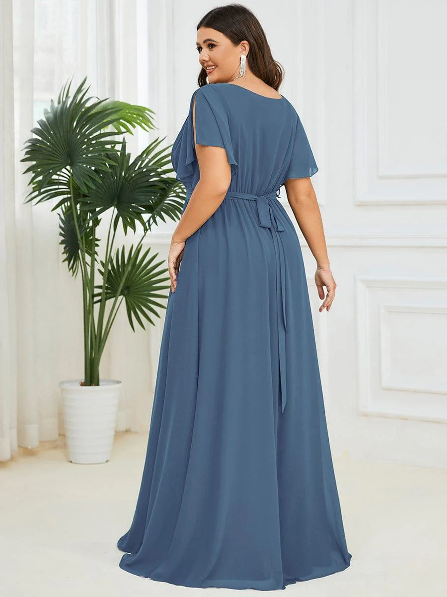 pretty LEORA|Plus Size V-Neck Floor-Length Chiffon Evening Dress - Image 50