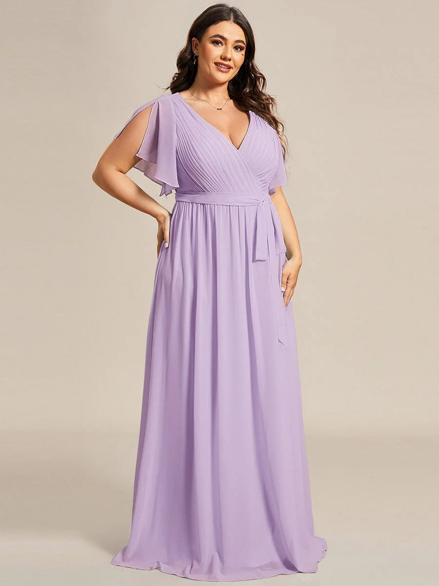 pretty LEORA|Plus Size V-Neck Floor-Length Chiffon Evening Dress - Image 74