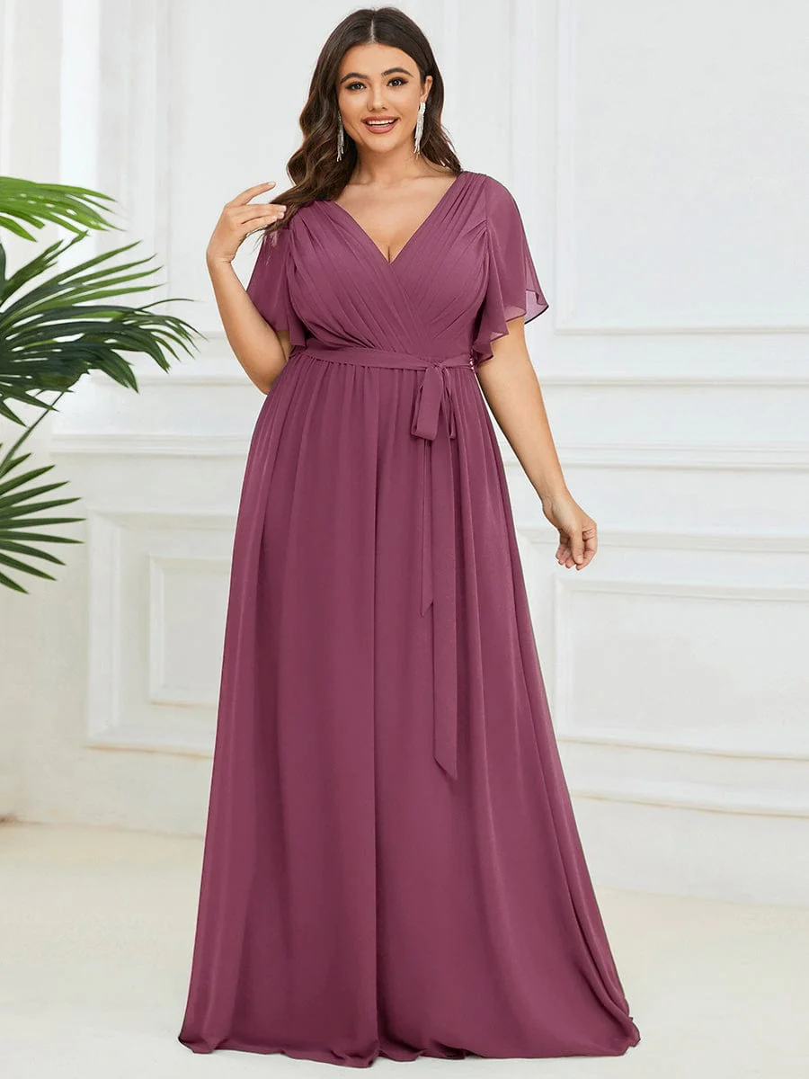 pretty LEORA|Plus Size V-Neck Floor-Length Chiffon Evening Dress - Image 76