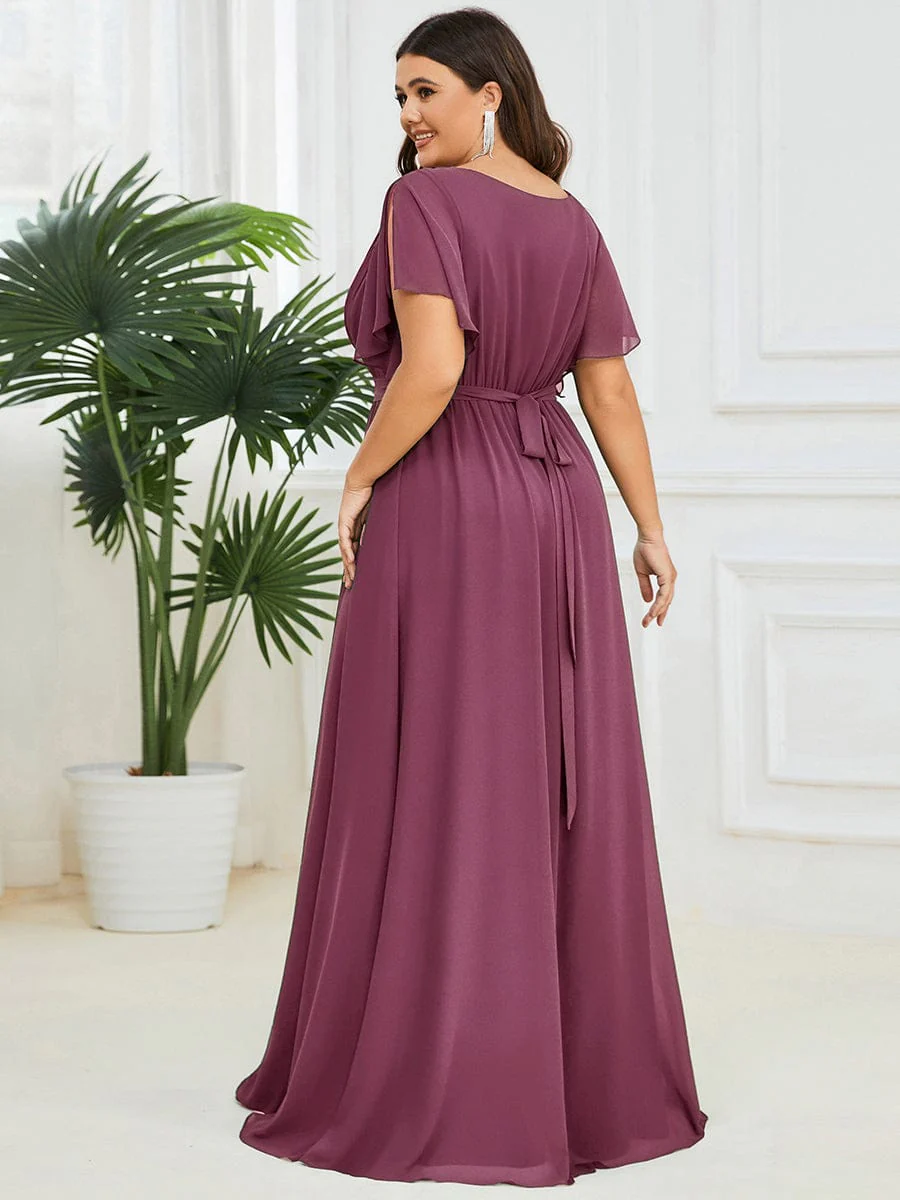 pretty LEORA|Plus Size V-Neck Floor-Length Chiffon Evening Dress - Image 77