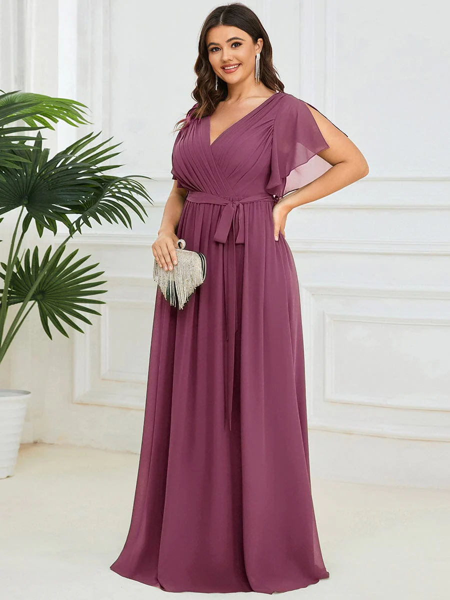 pretty LEORA|Plus Size V-Neck Floor-Length Chiffon Evening Dress - Image 78