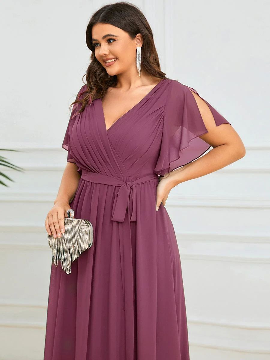 pretty LEORA|Plus Size V-Neck Floor-Length Chiffon Evening Dress - Image 80
