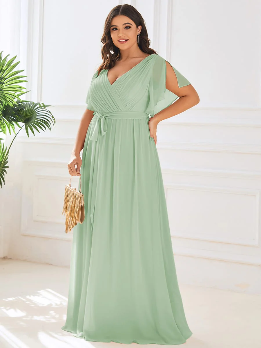 pretty LEORA|Plus Size V-Neck Floor-Length Chiffon Evening Dress - Image 81