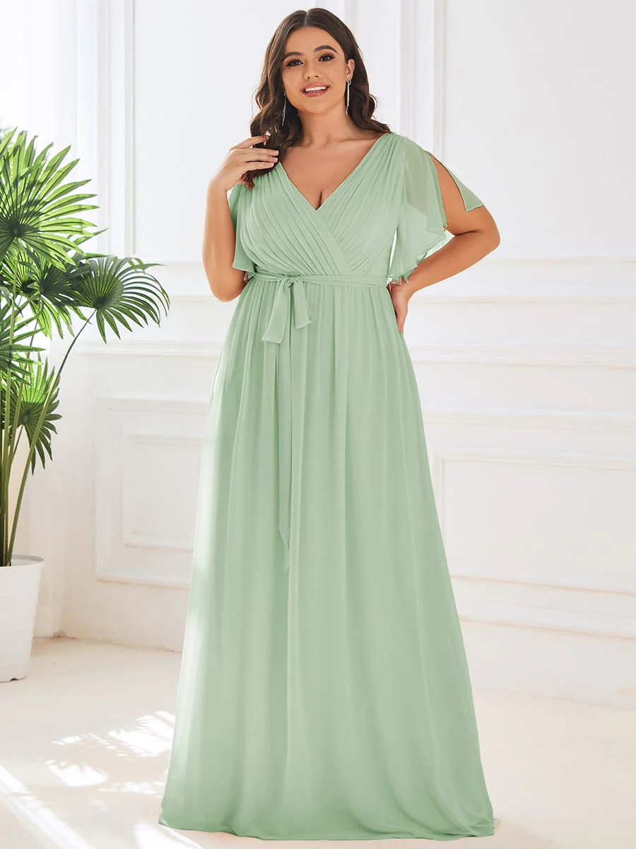 pretty LEORA|Plus Size V-Neck Floor-Length Chiffon Evening Dress - Image 83