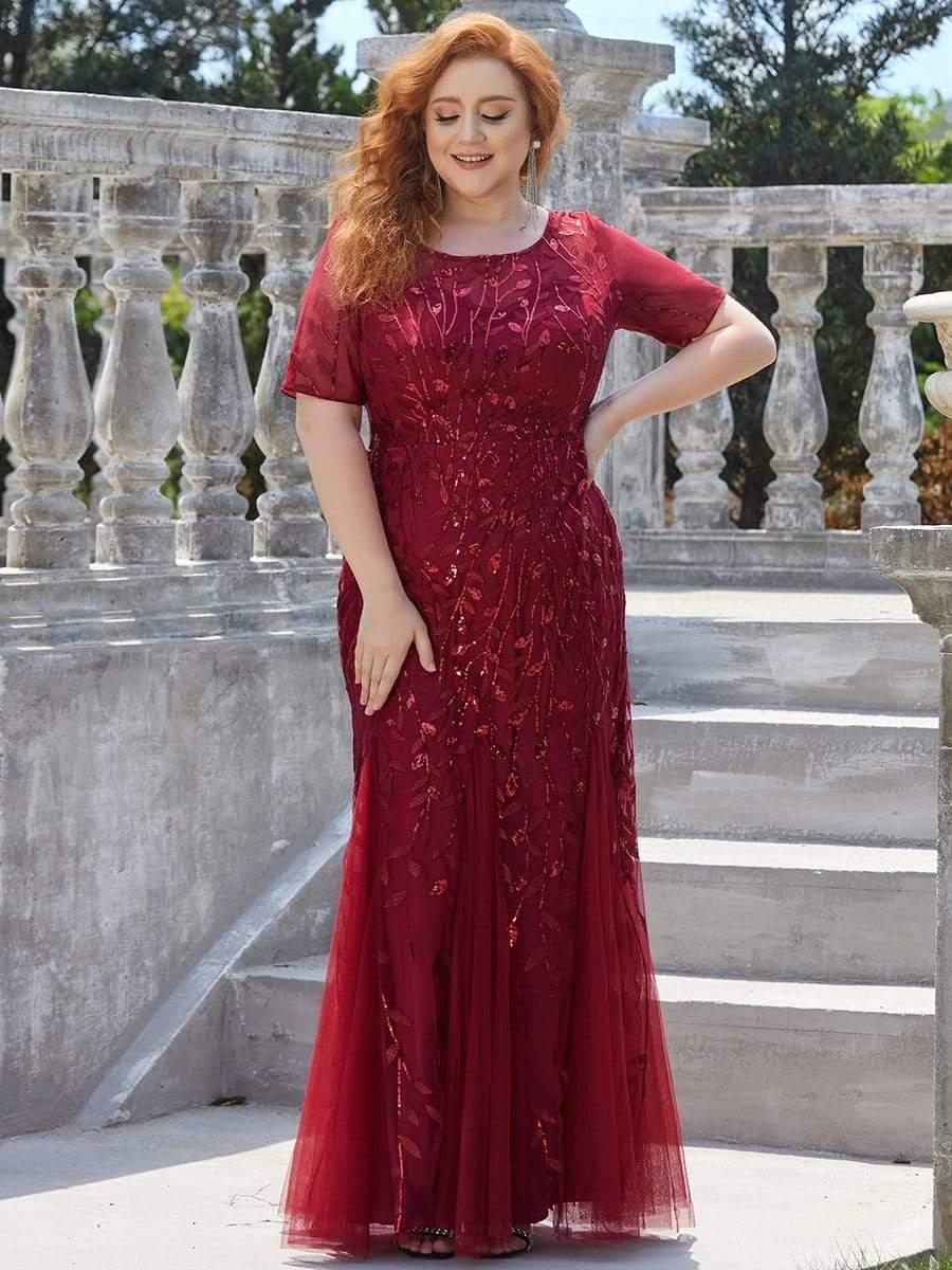 pretty JADEN|Plus Size Sequin Leaf Long Mermaid Tulle Prom Dress - Image 19
