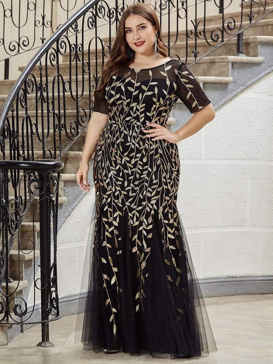 pretty JADEN|Plus Size Sequin Leaf Long Mermaid Tulle Prom Dress - Image 50
