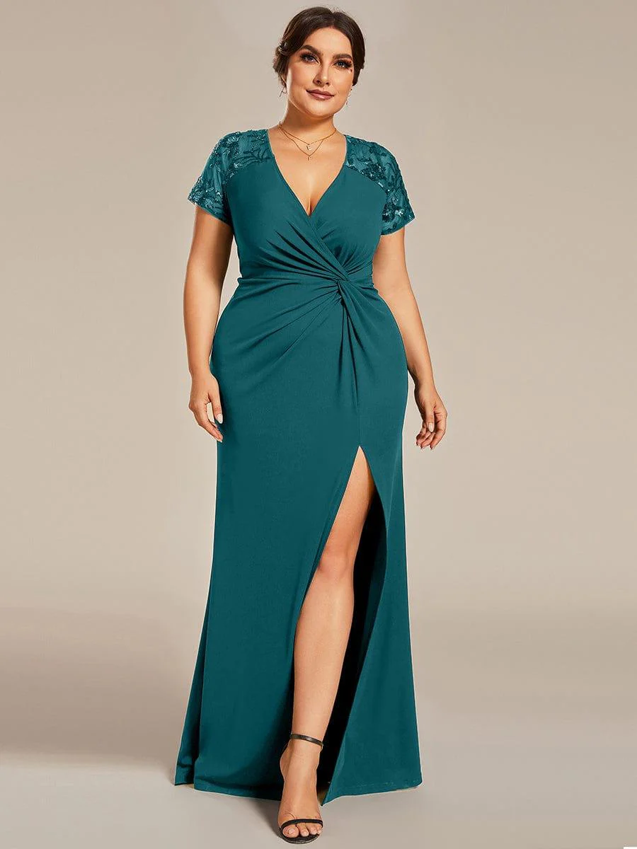 pretty GILDED|Plus Size Front Slit Short Sequin Sleeve Mother of the Bride Dress - Image 10