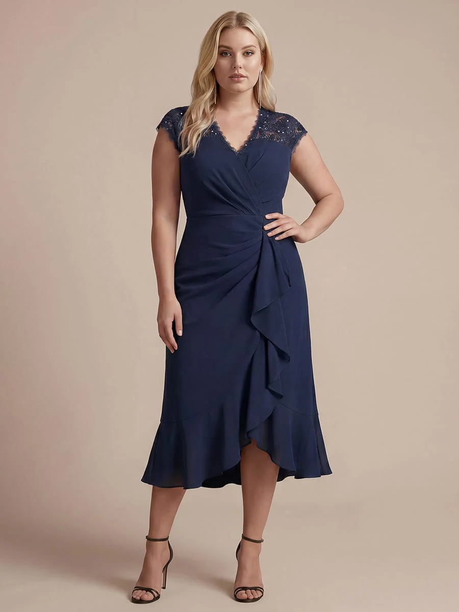 Plus Size Elegant Cap Sleeve Lace Patchwork Midi Mermaid Wedding Guest Dress - Image 12