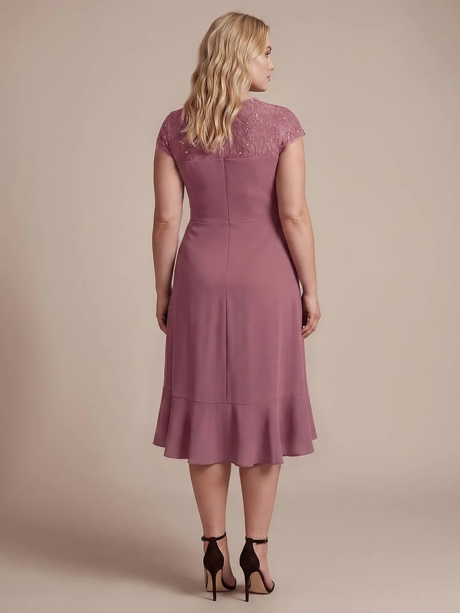 Plus Size Elegant Cap Sleeve Lace Patchwork Midi Mermaid Wedding Guest Dress - Image 16