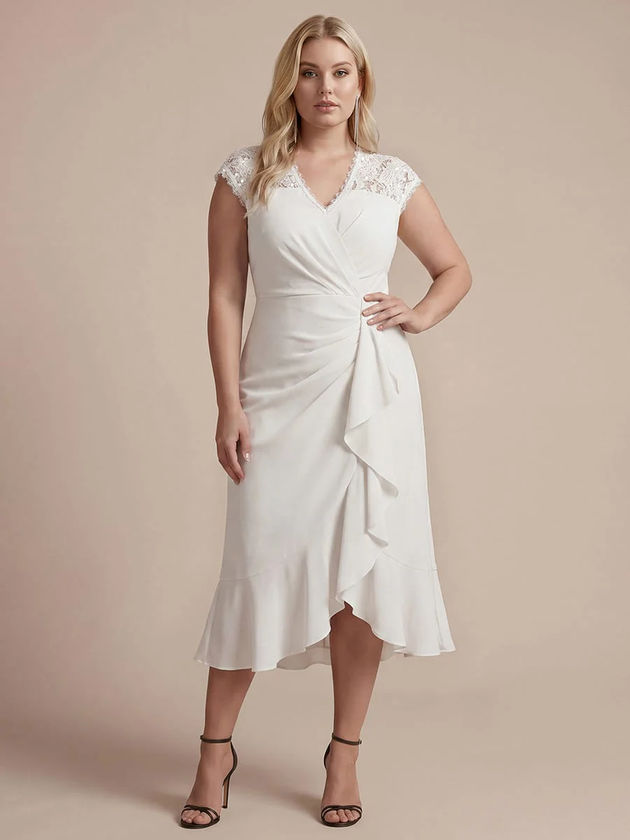 Plus Size Elegant Cap Sleeve Lace Patchwork Midi Mermaid Wedding Guest Dress - Image 18