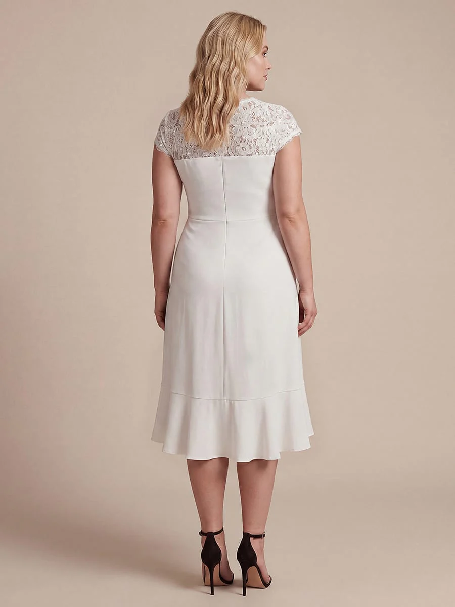 Plus Size Elegant Cap Sleeve Lace Patchwork Midi Mermaid Wedding Guest Dress - Image 19