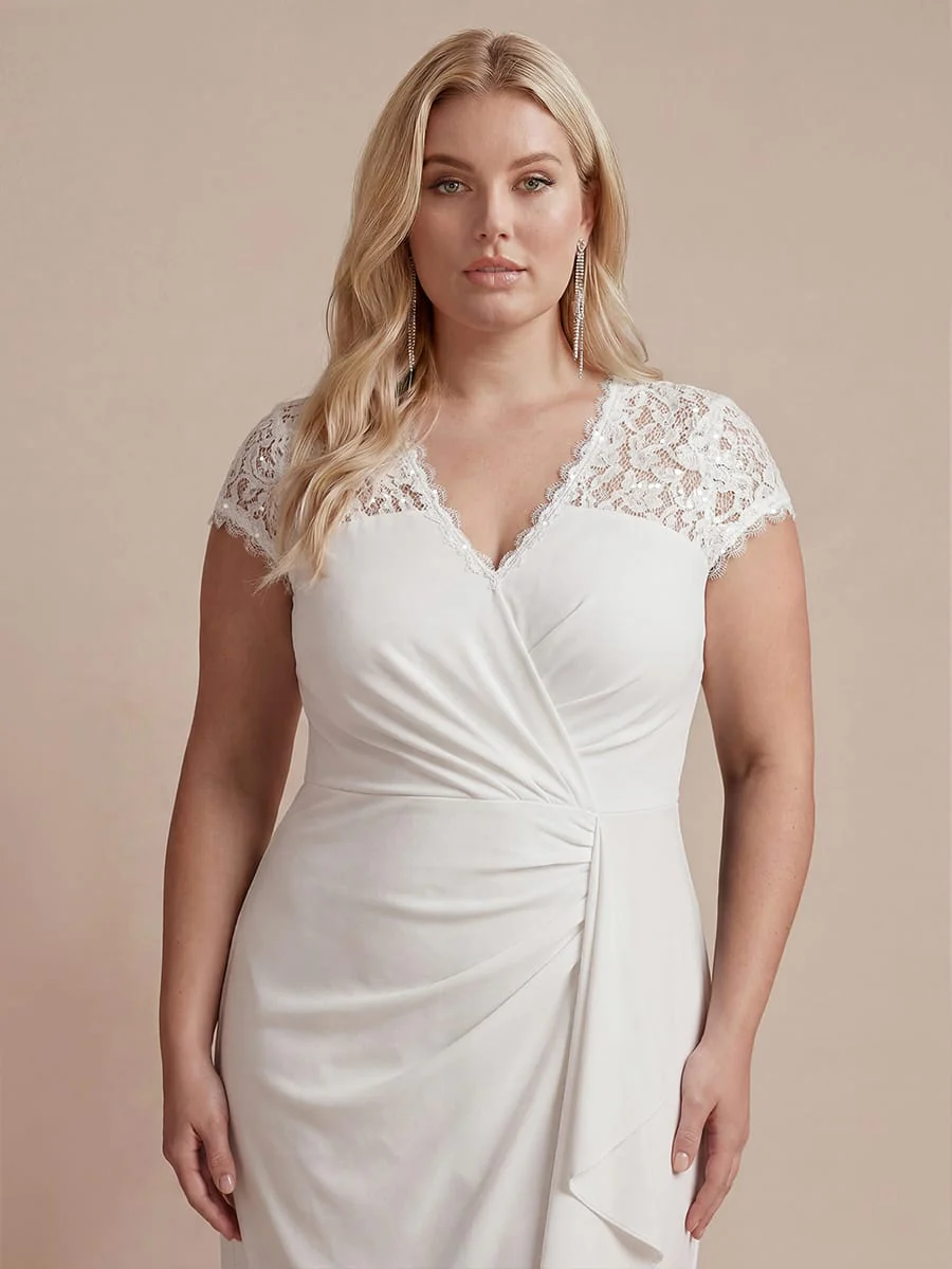 Plus Size Elegant Cap Sleeve Lace Patchwork Midi Mermaid Wedding Guest Dress - Image 20