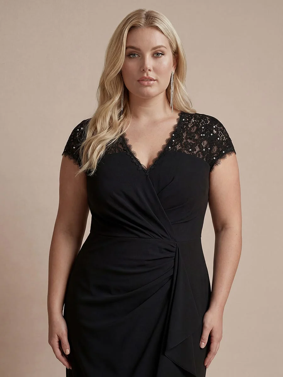 Plus Size Elegant Cap Sleeve Lace Patchwork Midi Mermaid Wedding Guest Dress - Image 4