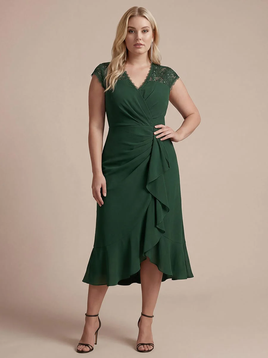 Plus Size Elegant Cap Sleeve Lace Patchwork Midi Mermaid Wedding Guest Dress - Image 5