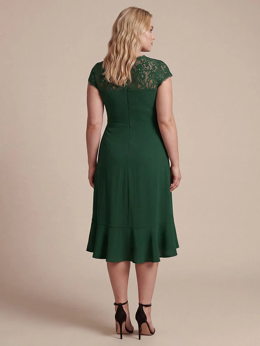 Plus Size Elegant Cap Sleeve Lace Patchwork Midi Mermaid Wedding Guest Dress - Image 6