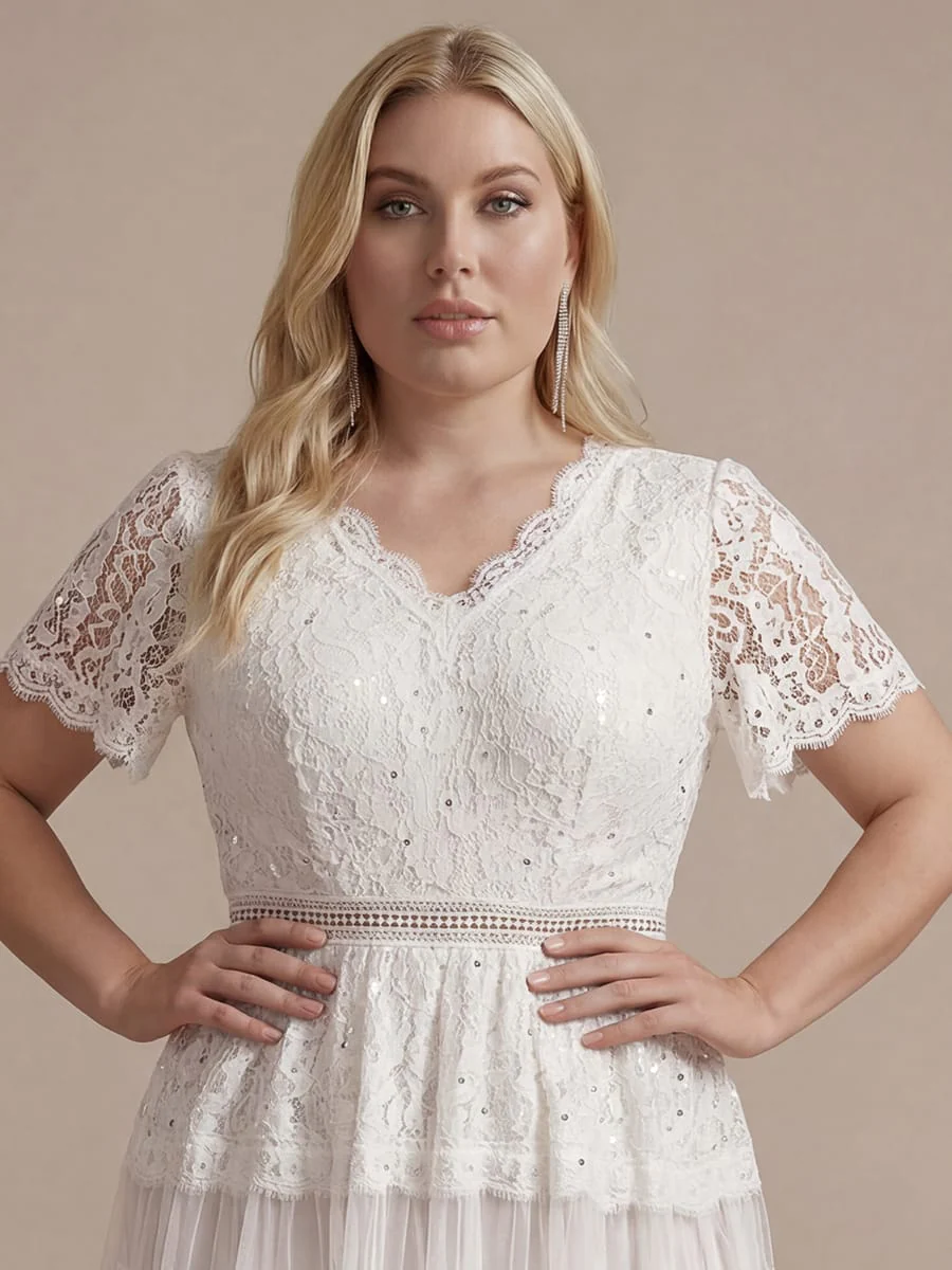 High Stretch Lace Spliced A-Line Flutter Sleeve Patchwork Wedding Guest Dress - Image 21
